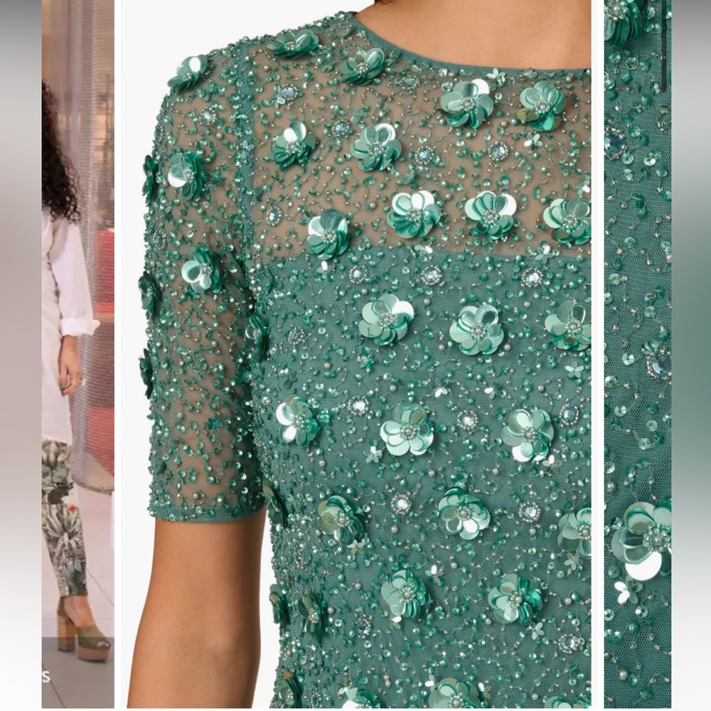 NWT Adrianna Papell Beaded Embellished Long 3D Floral Dress 14P - Picture 4 of 9